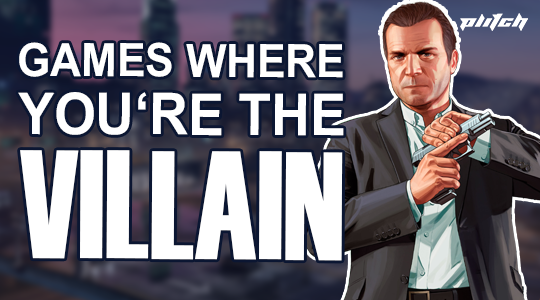 Man in suit holding a gun with text 'Games where you're the villain'