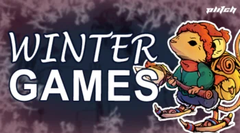 Drawing of a mouse wearing a red hat and green sweater skiing next to the text 'WINTER GAMES' in uppercase letters.