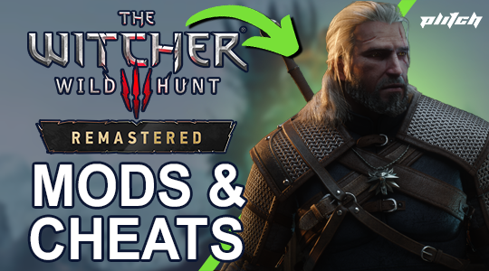 Porträt eines Mannes in Rüstung neben dem Schriftzug 'THE WITCHER WILD HUNT REMASTERED MODS & CHEATS' und einem grünen Pfeil