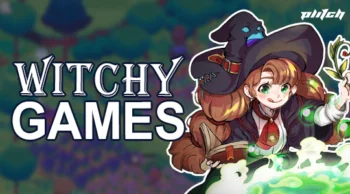 A character in a witch's hat holding a potion, with green smoke rising from a cauldron. Text reads 'WITCHY GAMES'.