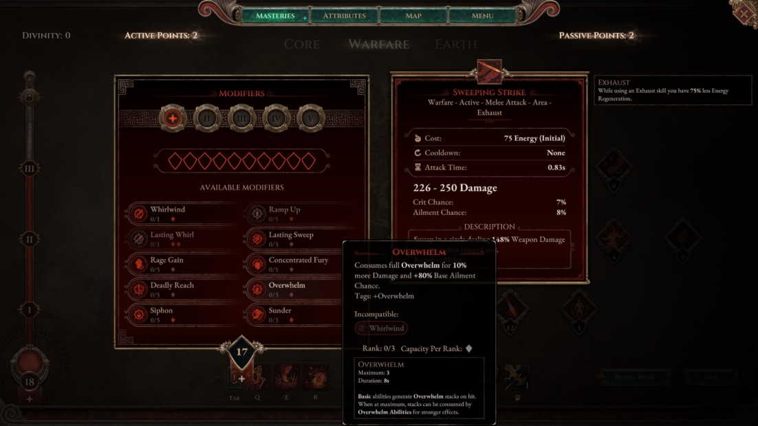 Titan Quest 2 game interface showing active abilities in Warfare mastery, highlighting 'Sweeping Strike' with damage stats and modifiers like Overwhelm and Exhaust