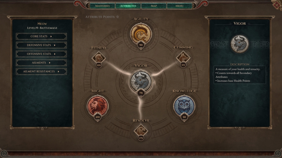 Titan Quest 2 character attributes screen showing Vigor at 79, Might at 201, Fitness at 179, Cunning at 3, Knowledge at 0, and Resolve at 0 with Vigor description highlighting health and health points increase