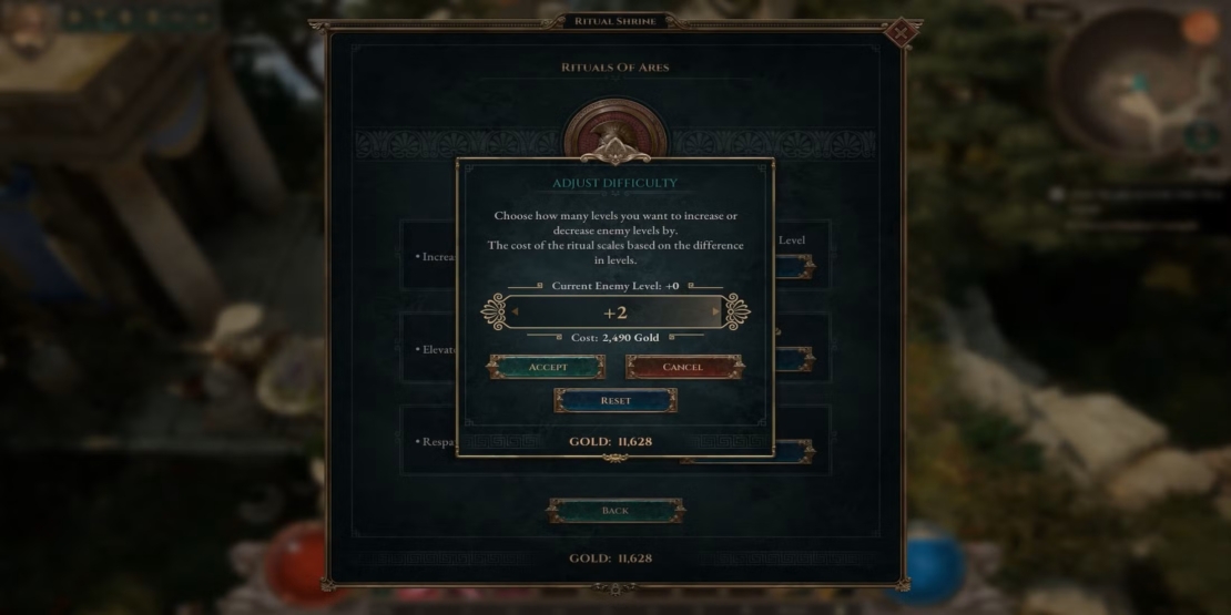 Difficulty adjustment screen in Titan Quest 2 showing current level +2 with a cost of 2,740 gold and options to accept, cancel, or reset.