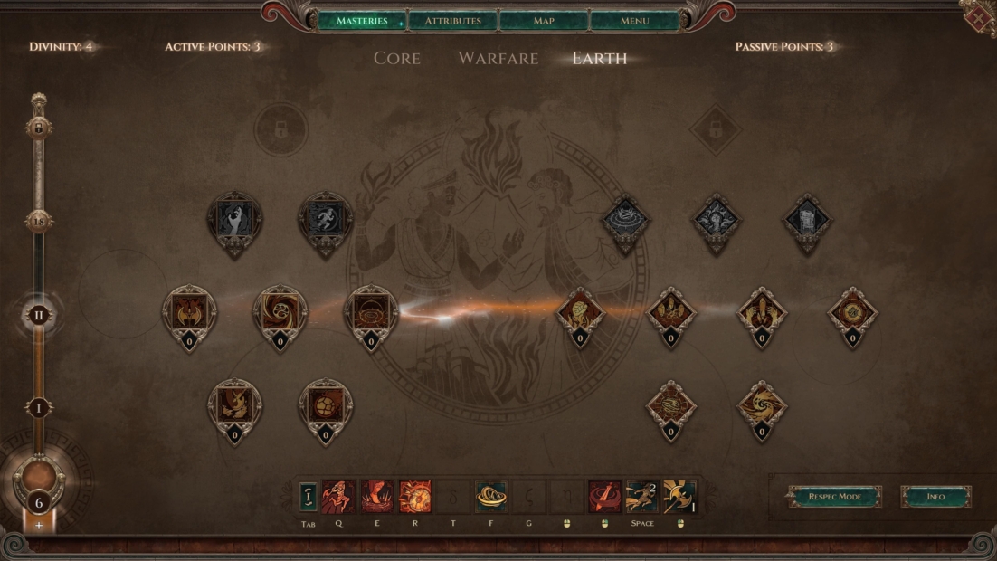 Skill tree interface from Titan Quest 2 showing Earth mastery with icons for abilities and passive skills arranged in a branching layout