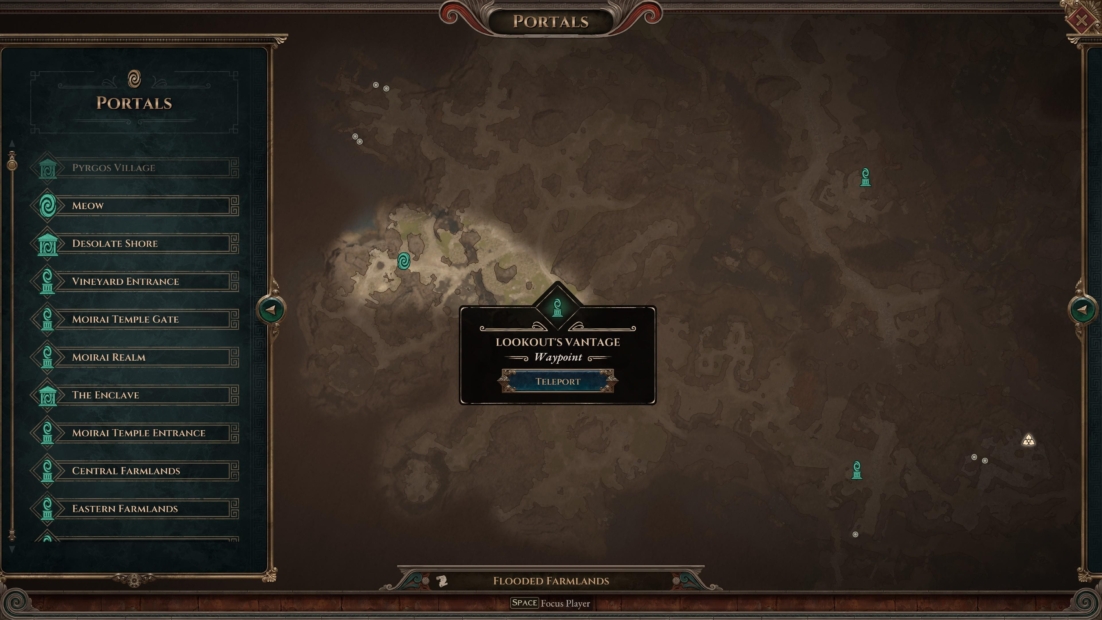 Map screen from Titan Quest 2 showing a list of portals on the left and a highlighted portal named 'Lookout's Vantage' with a teleport option in the center
