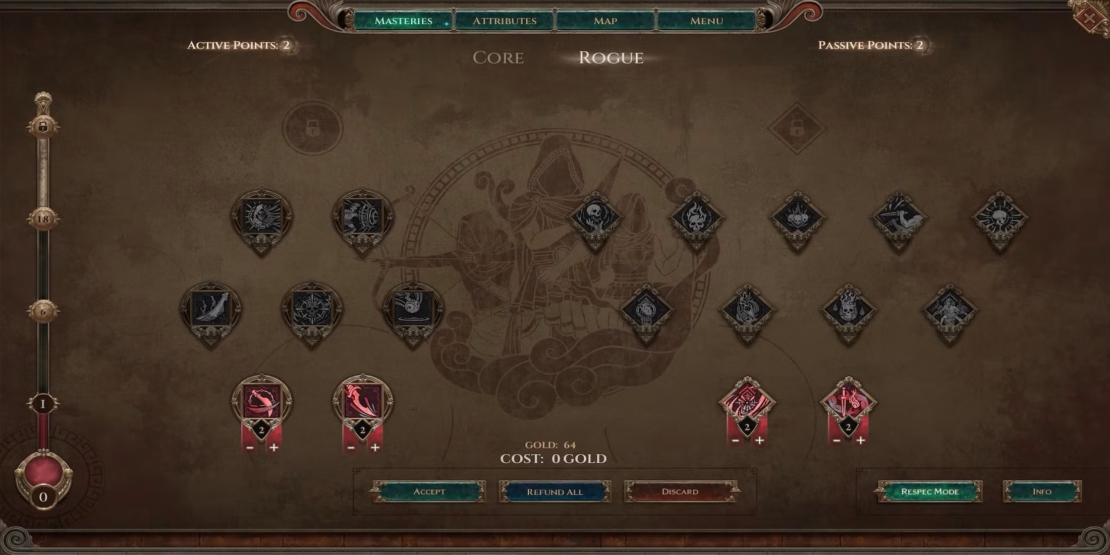 Skill tree interface from Titan Quest 2 showing the Rogue mastery with active and passive skill points allocated, including icons for various abilities and a central emblem.