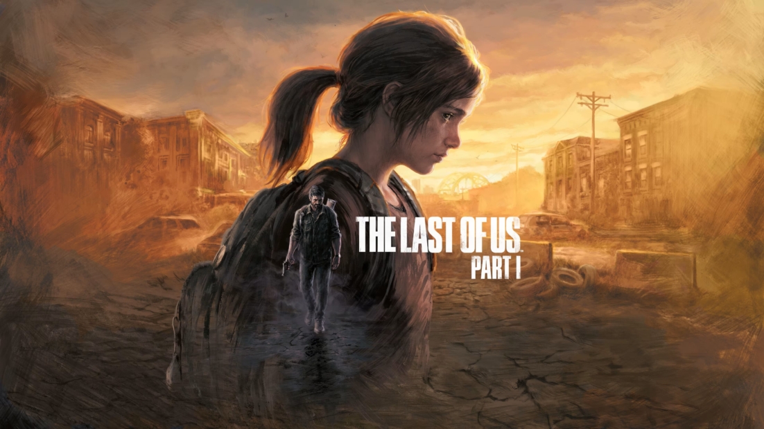 Portrait of a young woman with a ponytail and backpack in front of an abandoned cityscape at sunset, with a smaller man standing in front of her and the text 'THE LAST OF US PART I'
