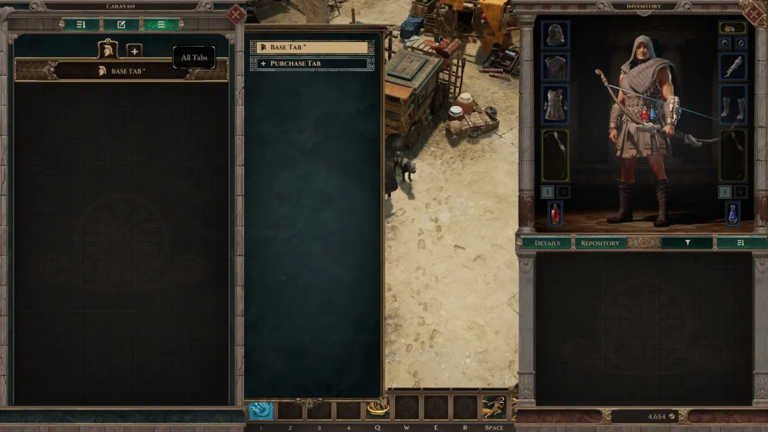 Character inventory screen from Titan Quest 2 showing a hooded warrior equipped with armor and weapons, alongside empty stash and purchase tabs