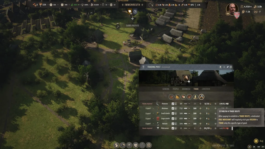 Video game screenshot showing a medieval settlement with trees and a trade window listing goods and trade routes.