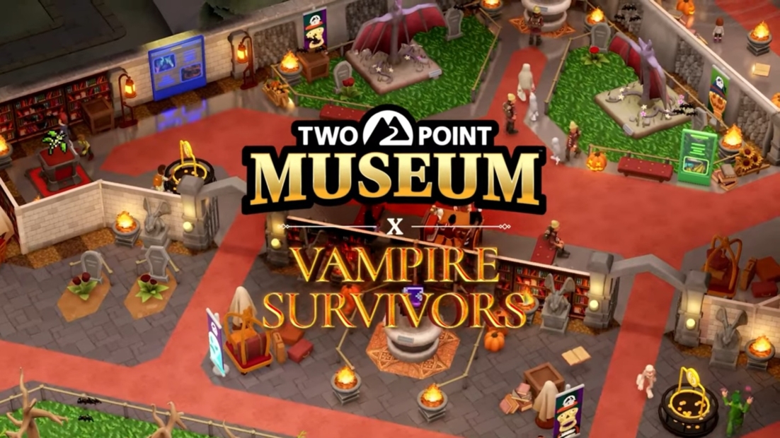 Spielszene mit mehreren Figuren in einem Museum, darüber die Schrift 'Two Point Museum x Vampire Survivors'.