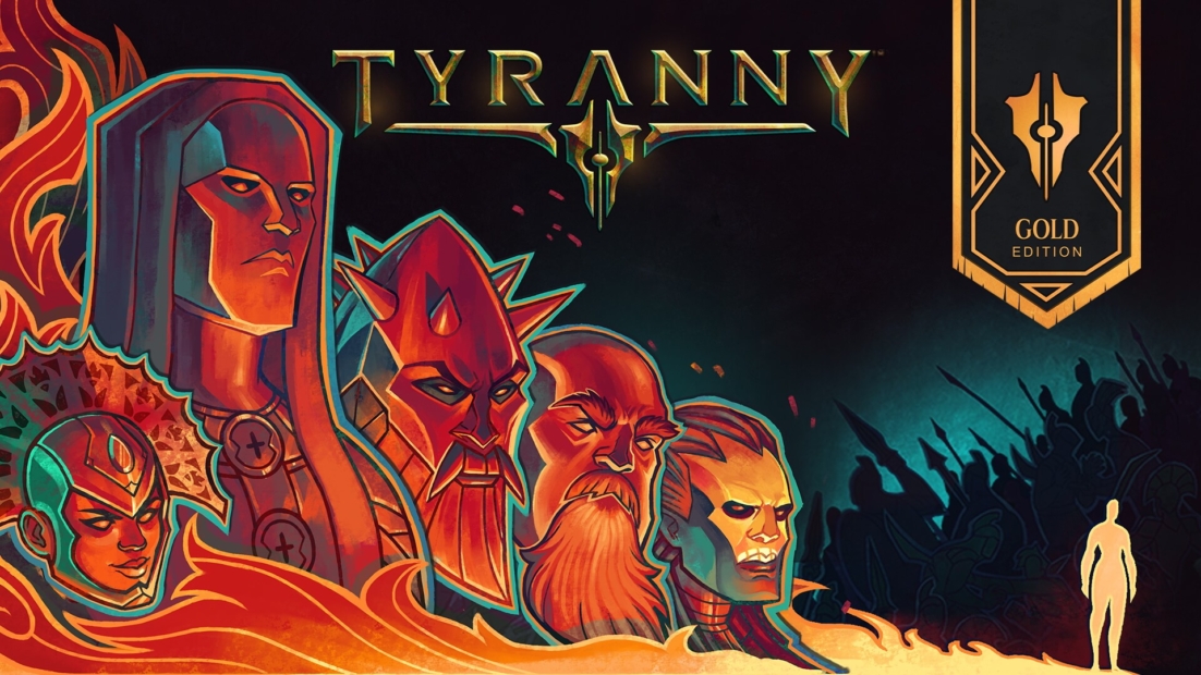 Cover für „Tyranny Gold Edition“ mit gepanzerten und gehörnten Figuren, Flammen und einer Menschenmenge im Hintergrund