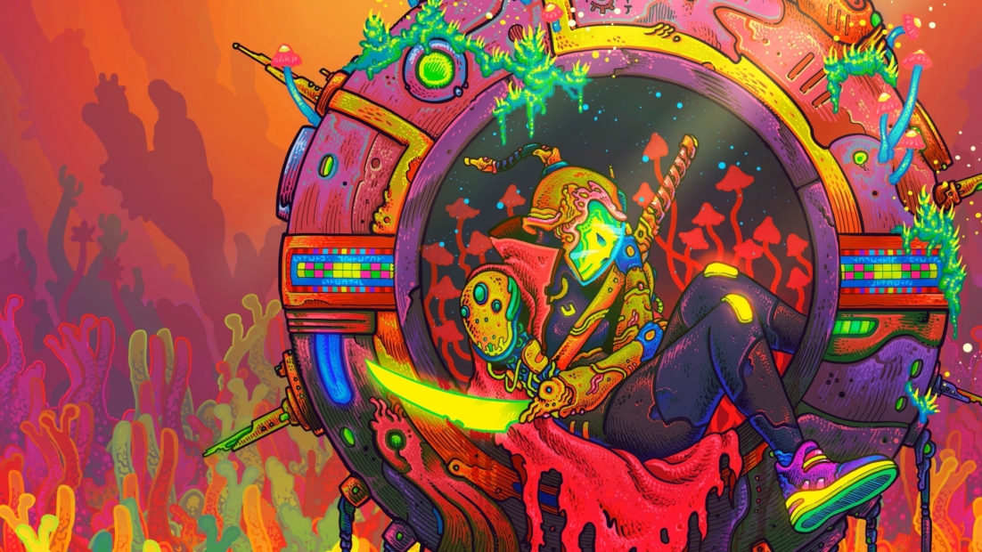 Colorful illustration of a futuristic figure wearing a helmet and holding a glowing sword, sitting inside a round, plant-covered mechanical device