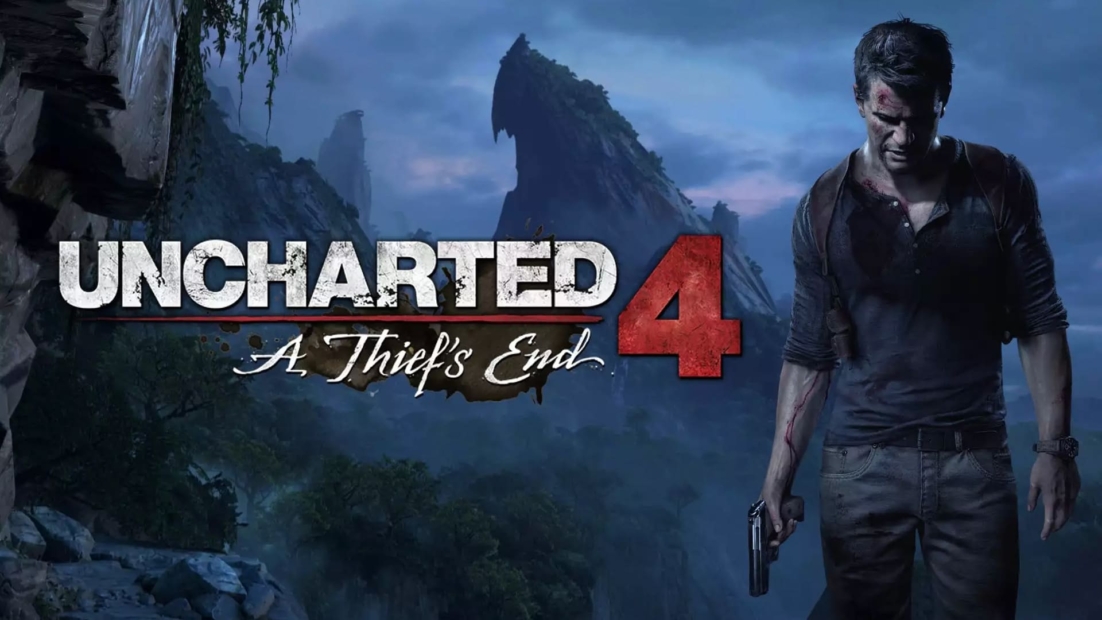 Man holding a pistol stands in front of rocky landscape with forested mountains and cloudy sky next to text 'UNCHARTED 4 A Thief's End'