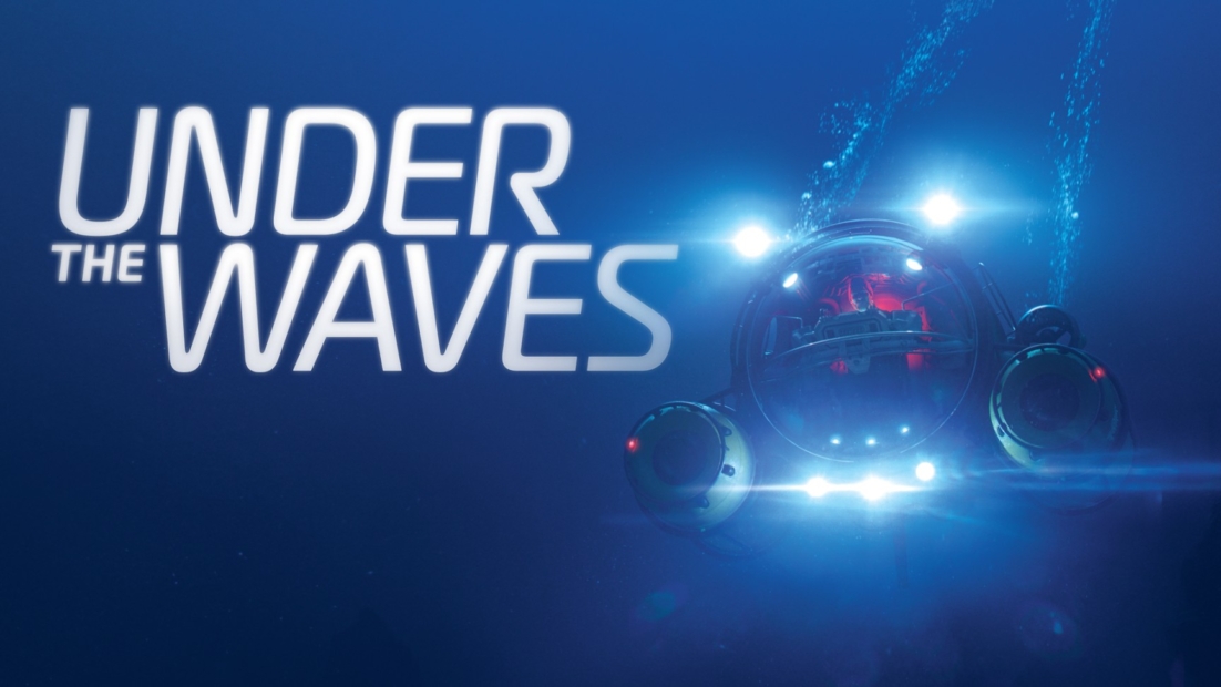 Underwater view of a submarine with glowing headlights and the text 'UNDER THE WAVES'