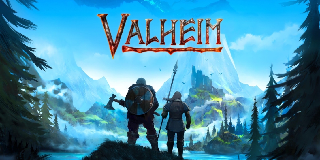 Two Vikings with shield and axe stand before a mountainous landscape with forests and a lake, with the word 'VALHEIM' above.