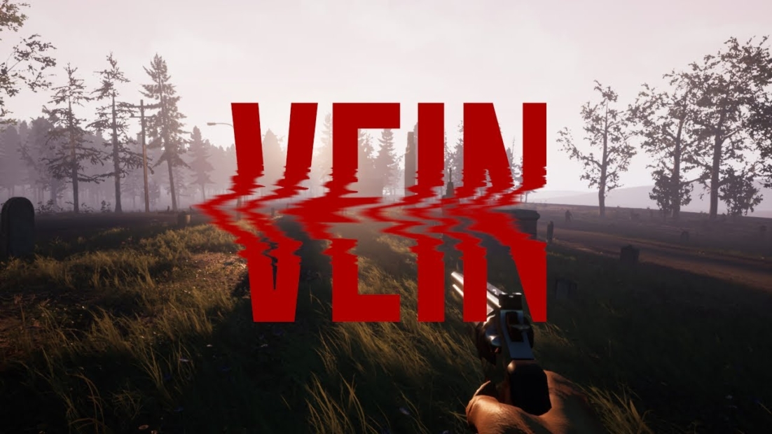 best survival games: Large red word 'VEIN' reflected on water, forest with trees in background, hand holding pistol in foreground.