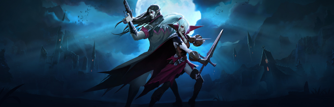 Two armed characters in a dark, foggy landscape with castles in the background