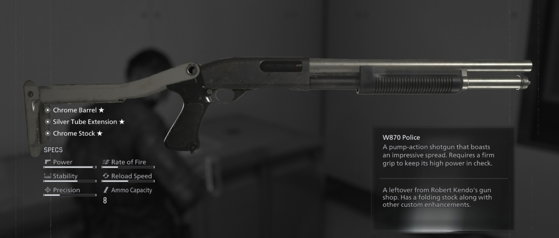 Black-and-white close-up of a pump-action police shotgun with folding stock and silver barrel extension