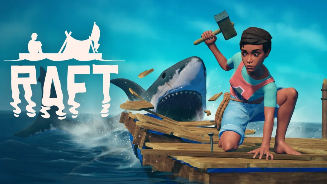 raft game cover with person on a raft and a shark