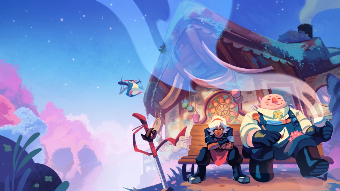 Two people sit in front of a small, crooked house with a curved roof, while another person flies with a jetpack in the background.