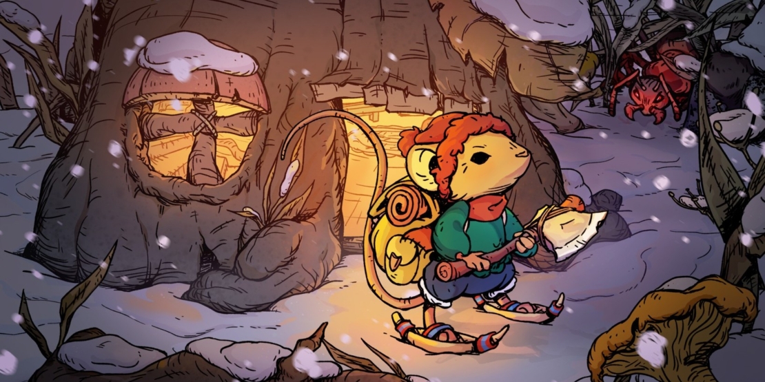 An anthropomorphic mouse with red hair, green sweater, and blue skirt sits in front of a treehouse with lit windows, holding an axe. Snow covers branches and ground.