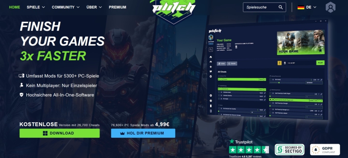 Homepage für eine Software, die Mods für über 5300 PC-Spiele anbietet, nur Einzelspieler-Modi unterstützt und behauptet, dass man Spiele dreimal schneller durchspielen kann. Es gibt kostenlose Optionen und Premium-Versionen ab 4,99 €.