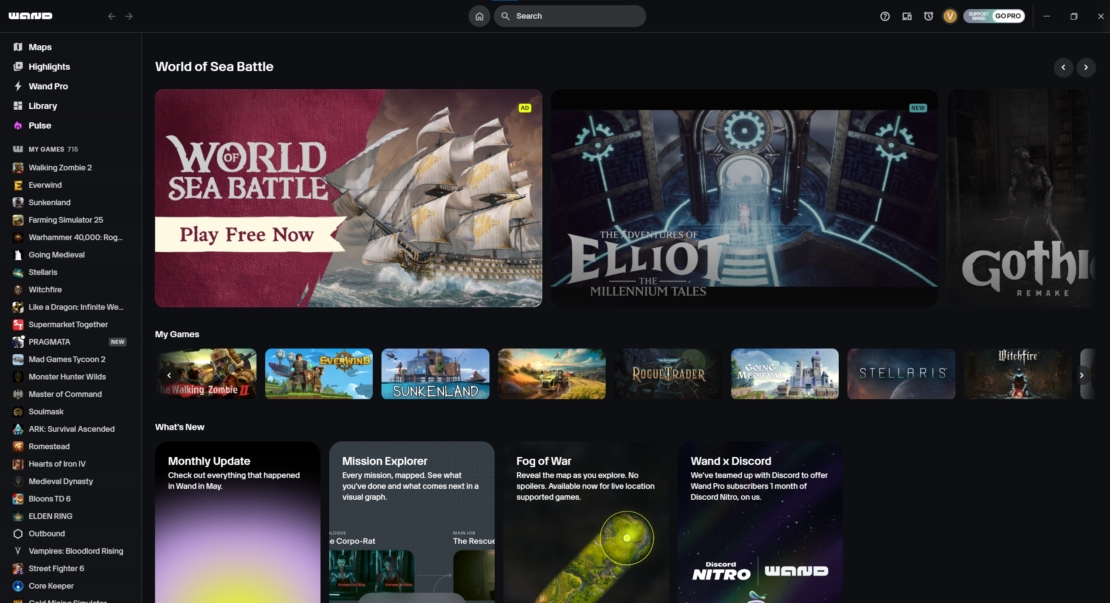 User interface of a gaming platform showing various game previews and categories in dark mode