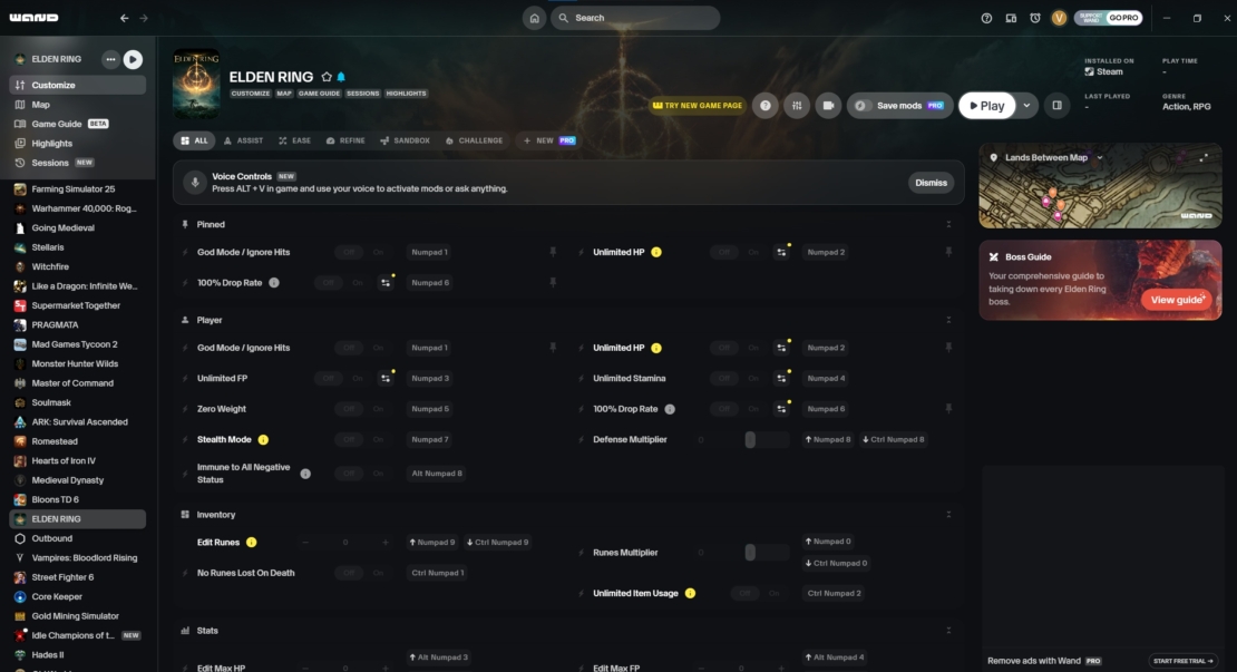 User interface of software showing a list of cheats and settings for the game Elden Ring including options for health, stamina, inventory, and stats.