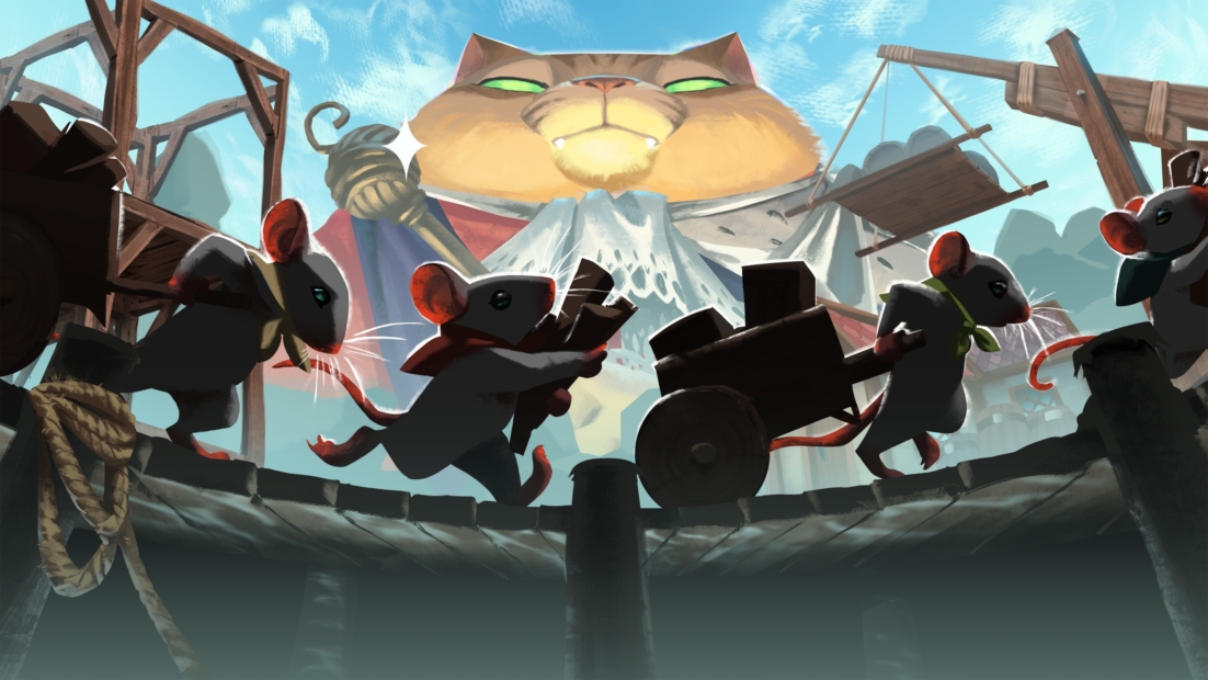 Four mice with red ears pull a cannon on a cart in front of a large cat-like statue with green eyes.