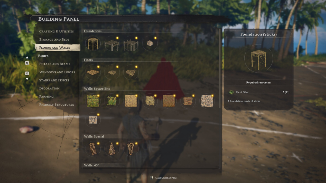 User interface of a building panel in a video game showing options for foundations, floors, and walls made of sticks and fibers