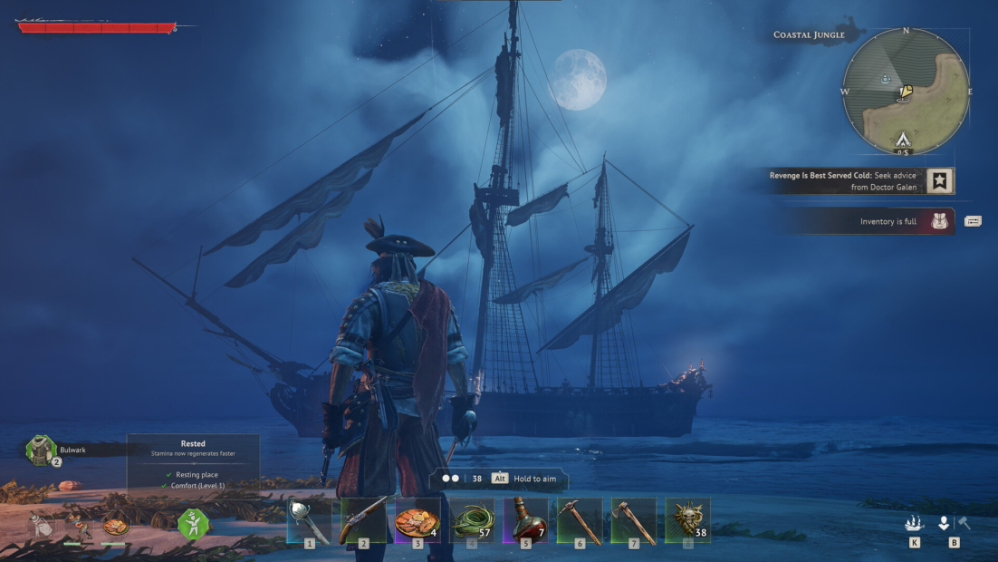 Game character in pirate outfit stands before a sailing ship at night with full moon and a windrose in the upper right corner