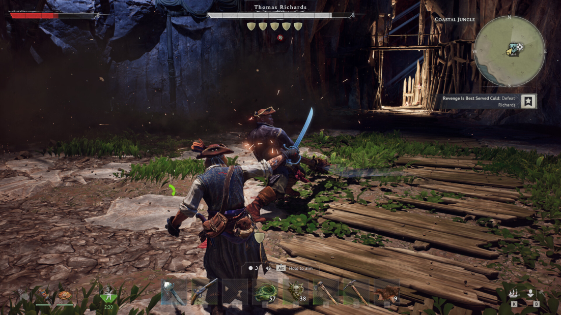 Two fighting characters in a dark, overgrown environment with wooden planks on the ground
