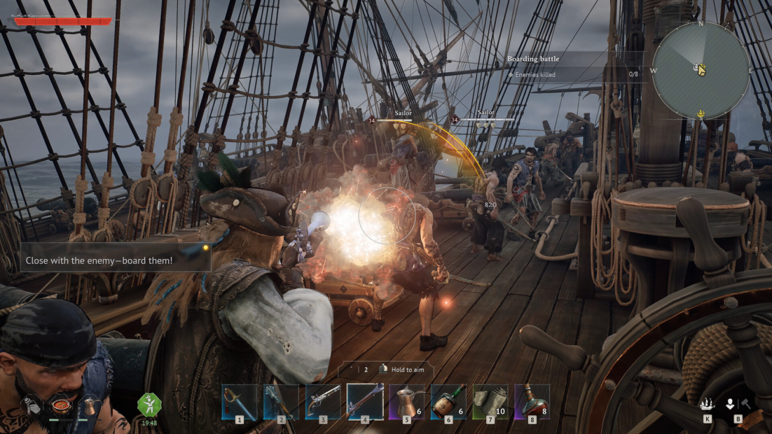 Battle on a sailing ship with multiple characters, one firing a cannon, visible rigging and deck structure