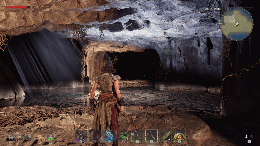 Rear view of a game character standing in a cave with water and rock walls, light beams shining from above