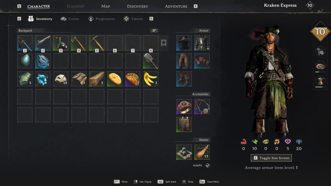 Game character in pirate outfit with inventory and equipment menu in a role-playing game interface