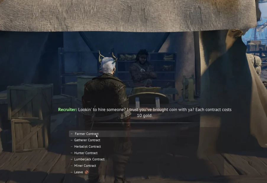 Scene from a video game showing a character talking to a recruiter at a market stall offering contracts for various professions.