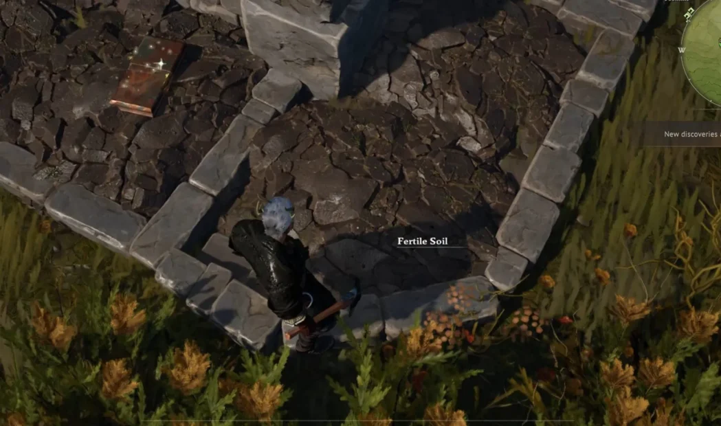 Bird's-eye view of a rectangular stone enclosure with uneven ground and a person in dark clothing standing on an area labeled 'Fertile Soil'