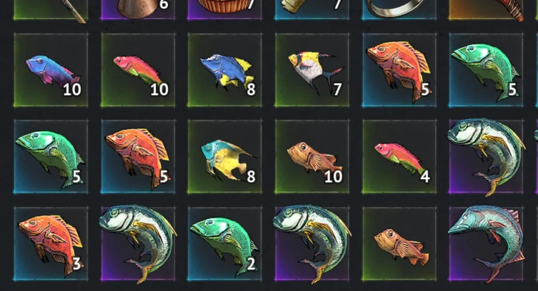 Grid of multiple colorful fish illustrations in square frames, each with a number in the bottom left corner.