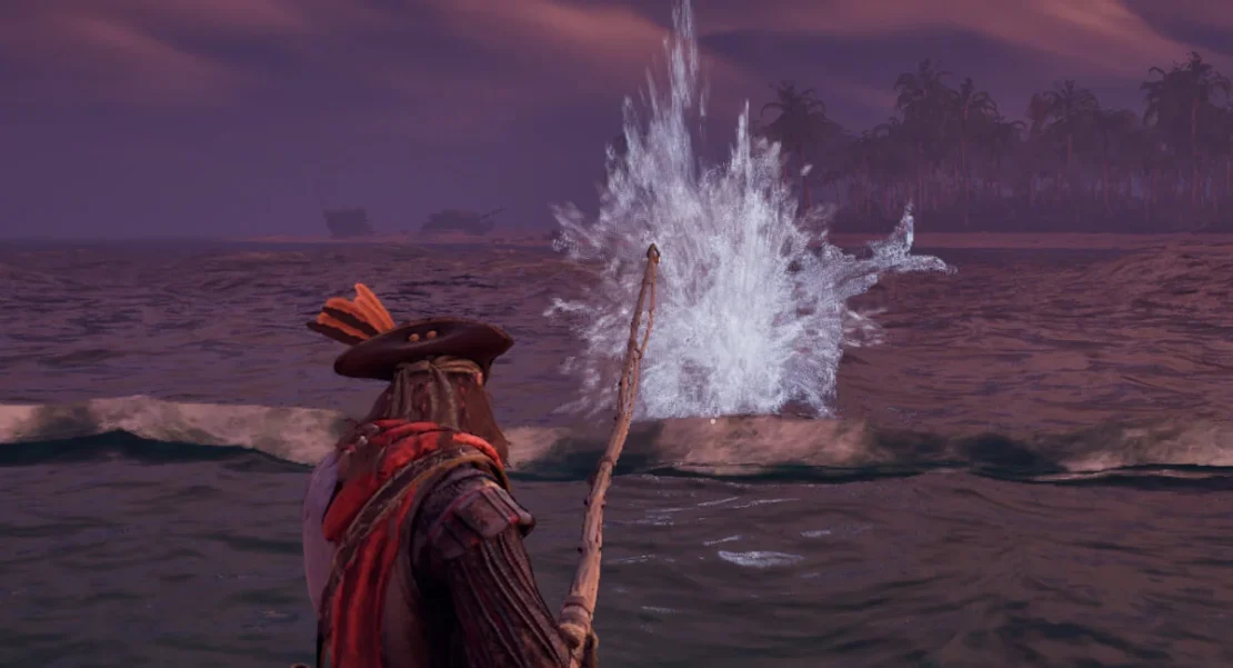 Person wearing pirate hat and red cloak holding fishing rod in front of large splash in the sea at dusk