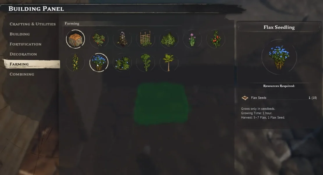 Video game interface panel showing various plants with flax seedling highlighted including description and resource requirements