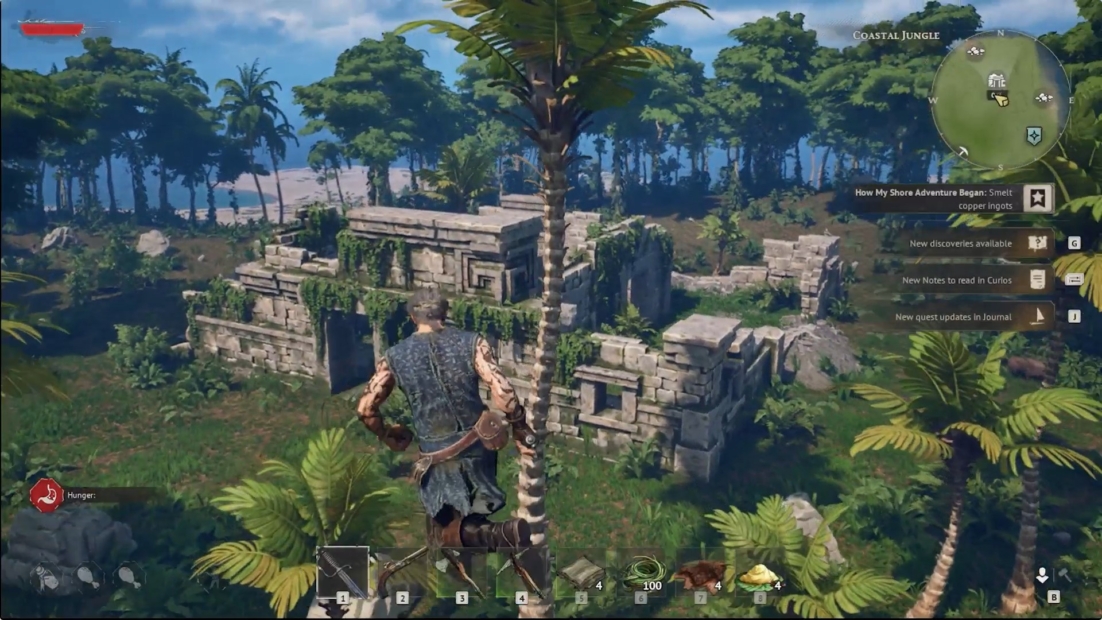 WIndrose mods: Third-person view of a character in a forested ruin area with stone walls and trees in the background