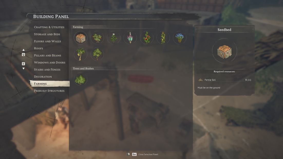 Game interface showing a building panel menu for farming structures with various plants and trees, highlighting a seedbed with required resources.