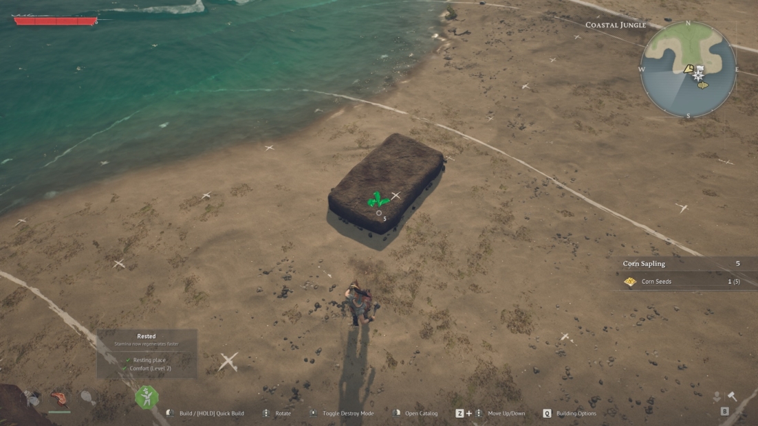 Game character stands on a rectangular soil-filled bed on the beach next to the sea with a seed option visible in the game menu