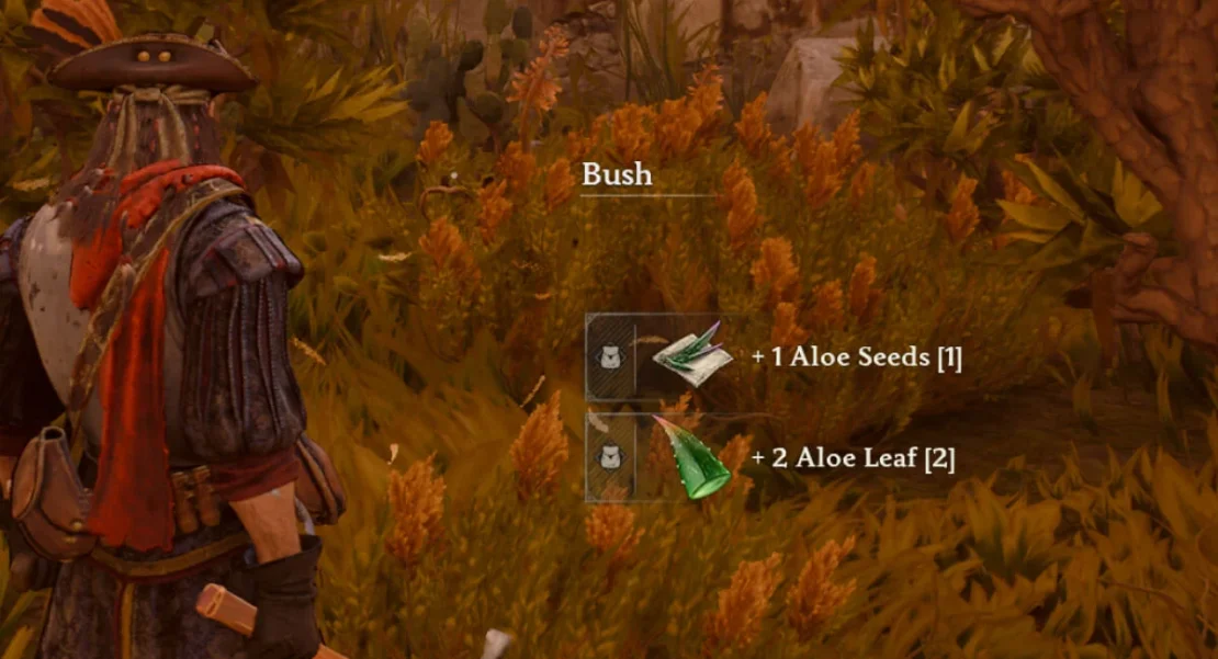 Game character wearing a hat and backpack stands in front of a bush with orange leaves, next to an overlay showing '+ 1 Aloe Seeds [1]' and '+ 2 Aloe Leaf [2]'