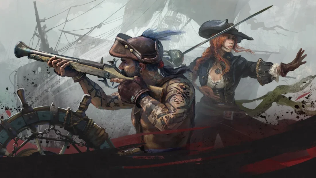Two pirates on a ship, one aiming a musket, the other gesturing with an outstretched arm