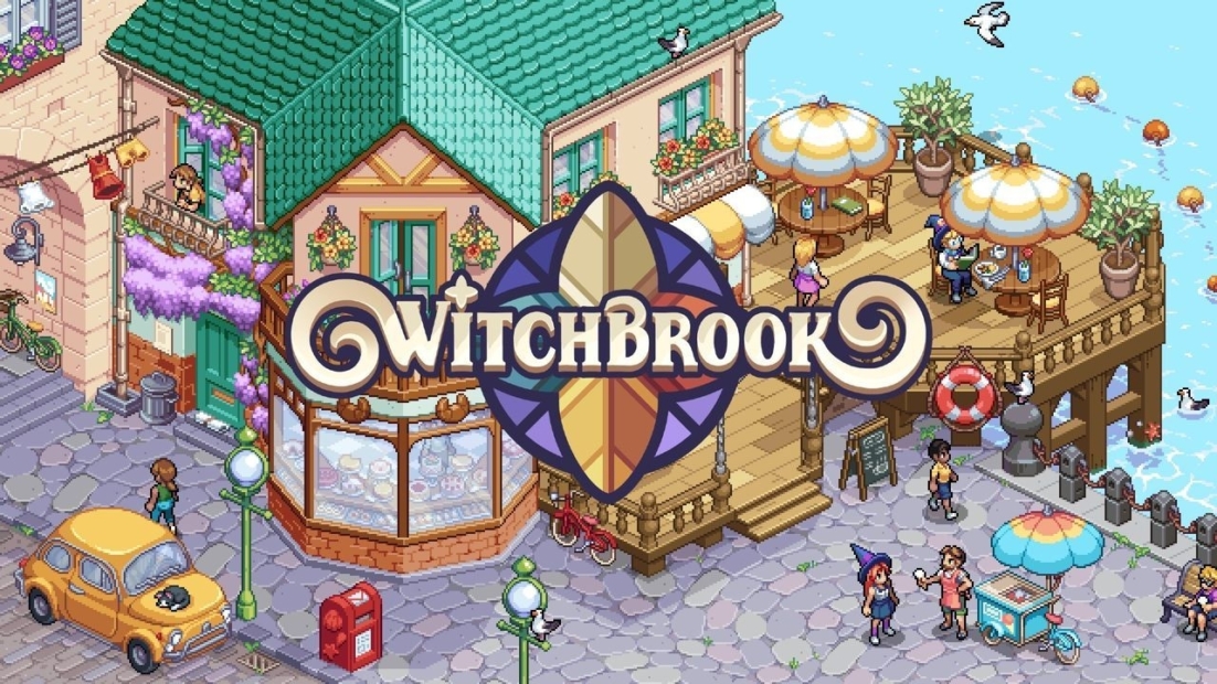 Isometric view of a busy marketplace with several people, a yellow car, a red mailbox, and the word 'WITCHBROOK' in the center