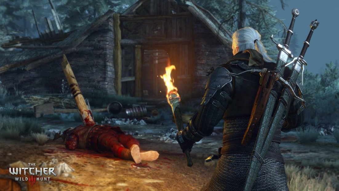 Rear view of a man holding a torch with two swords on his back, standing in front of a hut. A person in red clothing lies unconscious or dead in front of the hut.