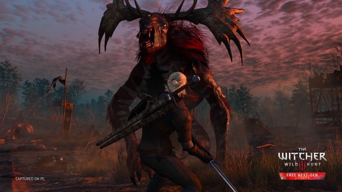 Geralt with sword fighting a large horned monster in a dark landscape at sunset.