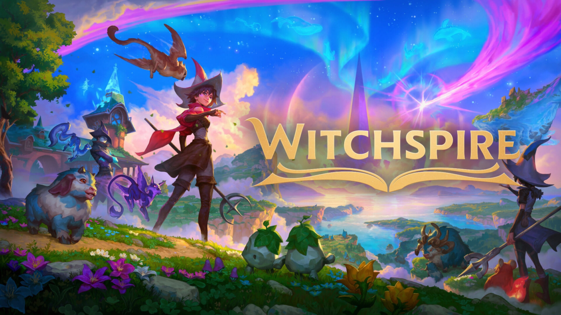 Witch wearing a hat and red cape standing on a meadow in front of a village with a magical sky and several fantasy creatures