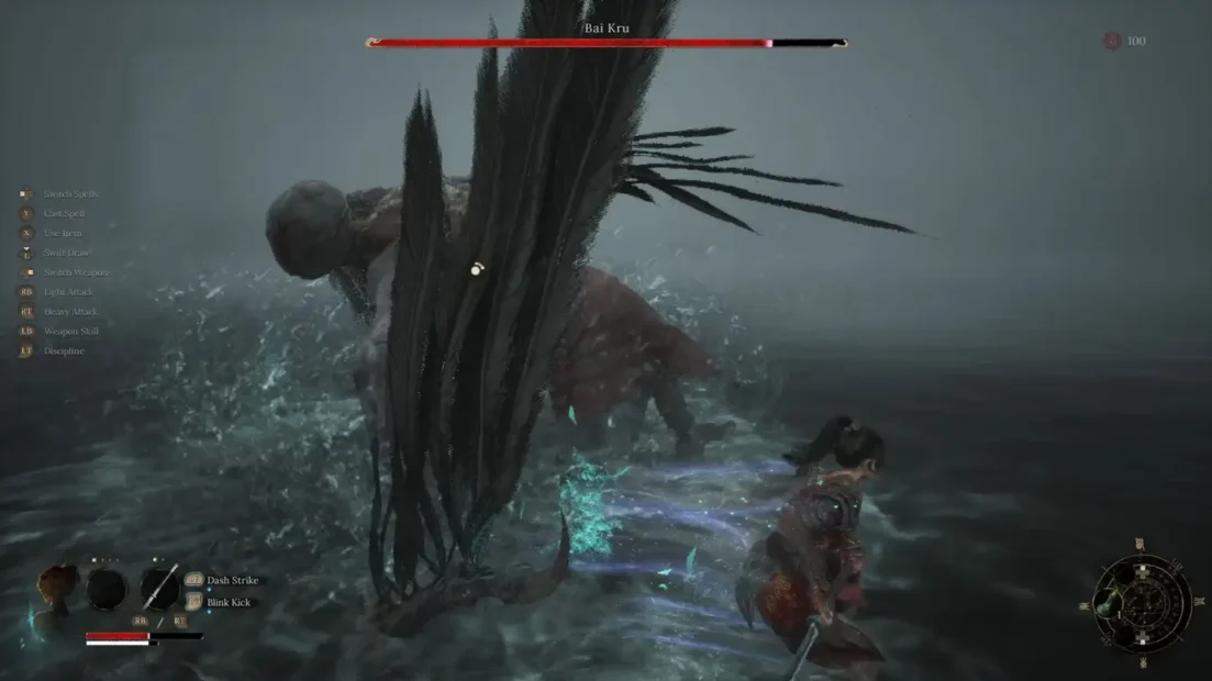 Spielfigur in roter Rüstung weicht einem großen schwarzen Federangriff des Bosses Bai Kru in WUCHANG Fallen Feathers aus.